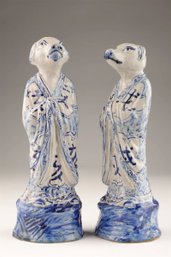 NICE PAIR OF BLUE & WHITE CHINESE PORCELAIN ZODIAC FIGURE STATUES