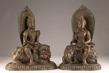 PAIR OF OLD CHINESE BUDDHIST BRONZE GUANYIN SAMANTABHADRA STATUES