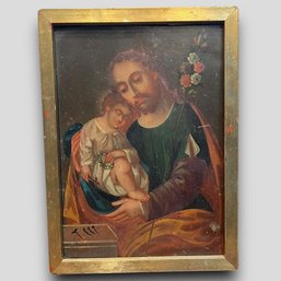 ANTIQUE RELIOGIOUS ICON SAINT JOESPH WITH BABY JESUS ON TIN