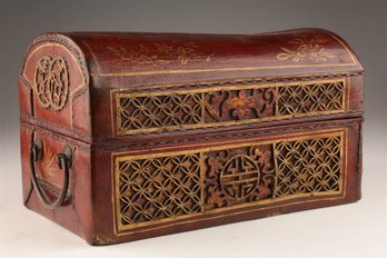 ANTIQUE CHINESE JAPANESE RED LEATHER BOUND BOX