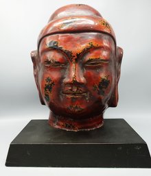 ANTIQUE CHINESE RED PAPIER MACHE BUDDHA MASK SCULPTURE ON STAND