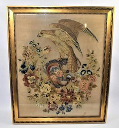 ANTIQUE EXQUISITE AMERICAN TAPESTRY EMBROIDERY TEXTILE FRAMED