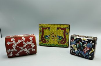 THREE ANTIQUE CHINESE CLOISONNE ENAMEL BOX BOXES DRAGON