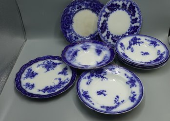 LARGE LOT OF ANTIQUE 19c FLOW BLUE PLATES ALL SIGNED