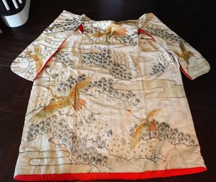 ANTIQUE ASIAN SILK CRANE CEREMONIAL EMBROIDERED KIMONO