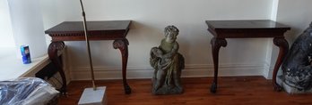 PAIR OF ANTIQUE WOOD CONSOLE TABLES WITH CLAW FEET