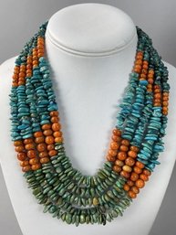VINTAGE SHOW STOPPER FIVE STRAND CORAL AND TURQUOISE NECKLACE