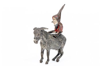 ANTIQUE COLD PAINTED VIENNA AUSTRIAN  BRONZE OF GNOME RIDING DONKEY STATUE SCULPTURE