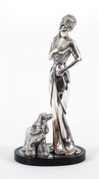 STUNNING LARGE ITALIAN SILVER STERLING  20c STATUE SCULPTURE OF WOMAN AND DOG