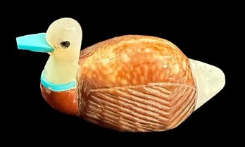 NATIVE AMERICAN STONE CARVED SHELL DUCK FETISH WITH MOTHER OF PEARL & TURQUOISE