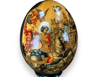 RUSSIAN HAND PAINTED CARVED WOOD  RELIGIOUS CHRISTIANITY EGG SCULPTURE