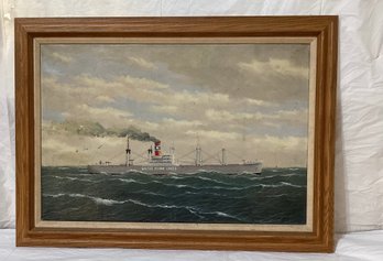 MID CENTURY OIL ON CANVAS OF MARINE STATE LINE SHIP AT SEA