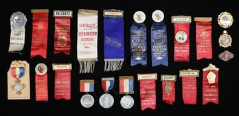 RARE COLLECTION OF ANTIQUE FIREMANS MEDAL RIBBONS BUTTONS AND MORE