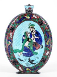 VINTAGE PERSIAN STERLING SILVER AND ENAMEL FLASK
