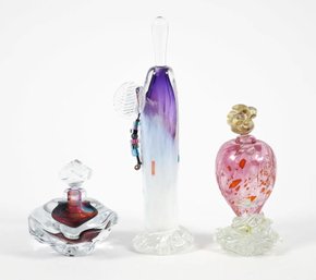 THREE BEAUTIFUL ART GLASS PERFUME BOTTLES SIGNED