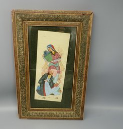 ANTIQUE LARGE PERSIAN PAINTING ON BONE IN ORNATE BONE INLAID FRAME