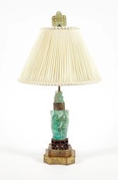 STUNNING ANTIQUE CHINESE FLUORITE LAMP ON CUSTOM STAND WITH JADE FINIAL