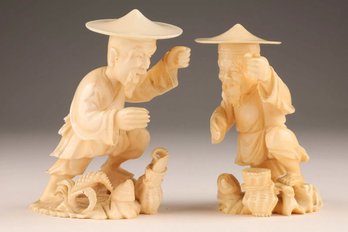 SIGNED VINTAGE HAND CARVED JAPANESE OKIMONOS FISHERMAN STATUE SCULPTURE