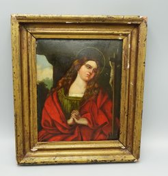 ANTIQUE VIRGIN MARY PAINTING 18c OIL ON METAL ICON RELIGIOUS