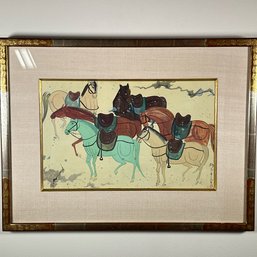 VINTAGE CHINESE  PAINTING OF A HERD OF HORSES FRAMED