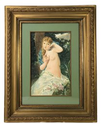 VINTAGE FRAMED VICTORIAN WATERCOLOR PAINTING OF SEATED NUDE GIRL