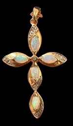 BEAUTIFUL VINTAGE 14K GOLD AND OPAL DIAMOND CROSS NECKLACE
