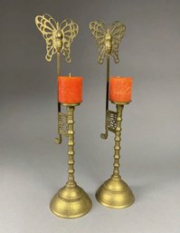 VINTAGE PAIR OF ASIAN BRASS BUTTERFLY CANDLESTICK SCREENS