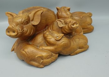 LARGE VINTAGE HAND CARVED WOOD SCULPTURE OF PIGS