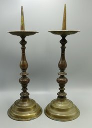 ANTIQUE FRENCH BRONZE SIGNED CLAUDE PROTARD 1789 PRICKETS RELIGIOUS CANDLESTICKS