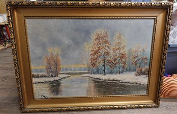 MID CENTURY VINTAGE SNOWY LANDSCAPE OIL ON CANVAS PAINTING SIGNED