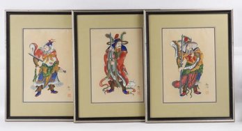 ANTIQUE THREE CHINESE FRAMED GUANGXU PERIOD WARRIOR RICE PAPER PAINTING