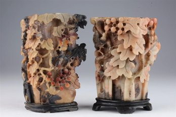 PAIR OF AMAZING HAND CARVED SOAPSTONE BRUSH POTS