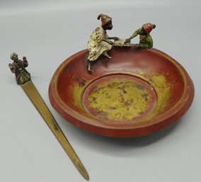 ANTIQUE COLD PAINTED AUSTRIAN BRONZE DISH WITH FIGURES AND LETTER OPENER