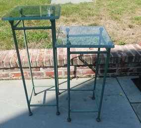 BEAUTIFUL PAIR OF GLASS AND METAL  OUTDOOR INDOOR TALL SIDE TABLES