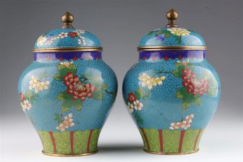 ANTIQUE PAIR CHINESE CLOISONNE COVERED JARS