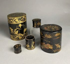 FIVE ANTIQUE/VINTAGE CHINESE HAND PAINTED BLACK LAQUERED BOXES