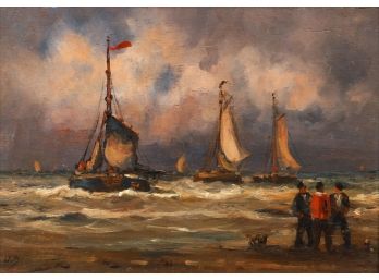 ANTIQUE 19c EARLY 20c OIL ON BOARD PAINTING OF A SEASCAPE SIGNED HB