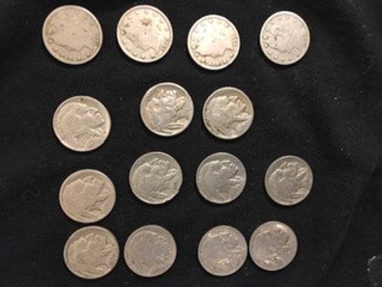 Lot Of  15 Coins, 11 Buffalo Nickels, 4 Mercury Dimes
