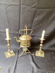 Lot Of 3 Brass Teapot And Candlesticks