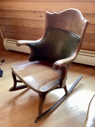 Unique Tiger Oak And Leather Antique Rocking Chair