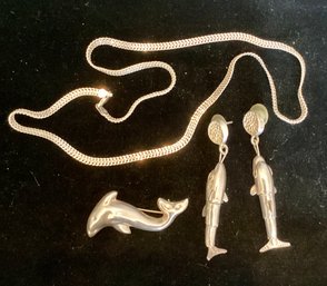 Sterling Chain, Dolphin Pin And Dolphin Earrings