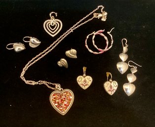 Lot Of Sterling Heart Necklace, Heart Pendant, And Heart Earrings