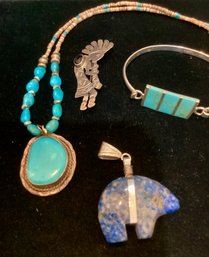 Sterling And Turquoise Necklace, Lapis Bear Pendant, Signed Sterling Kokopelli Pin And Sterling Bracelet Lot