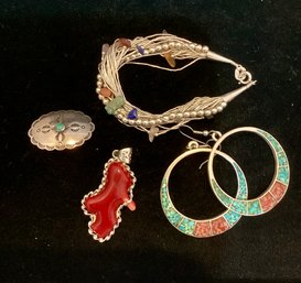 Sterling Bracelet,pin, Pendant And Earrings