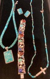 Multicolor Sterl Bracelet, Cross Necklace, Earrings And Turquoise Necklace Lot