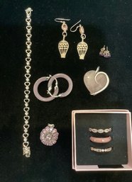Lot Of Sterling, Bracelet, Heart Pendant, Earring And Rings
