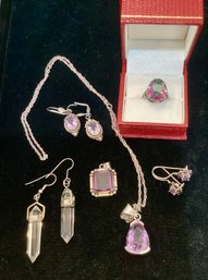 Sterling Lot, Crystal Drop Earrings, Ring, Pendant, Sterling Necklace