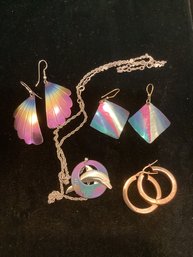 Rainbow And Sterling Lot , Dolphin Necklace, 3 Earrings