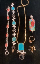 Pancetta Designer Ring, Lot Of Multi Stone Sterling Bracelets, Pendant, Necklace And Earrings