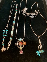 Sterling Bangle Bracelet, Sterling Link Bracelet, 3 Sterling And Turquoise Necklaces
